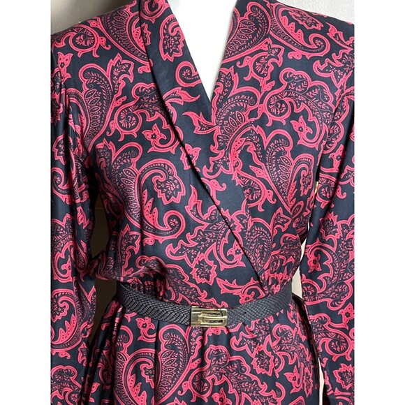 Liz Claiborne Dress Red Black Paisley Vtg 80s Career Midi Leather Belt Womens M - Picture 2 of 12